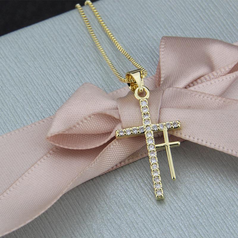 Double Cross Pendant Necklace with Copper Plated White Zircon
