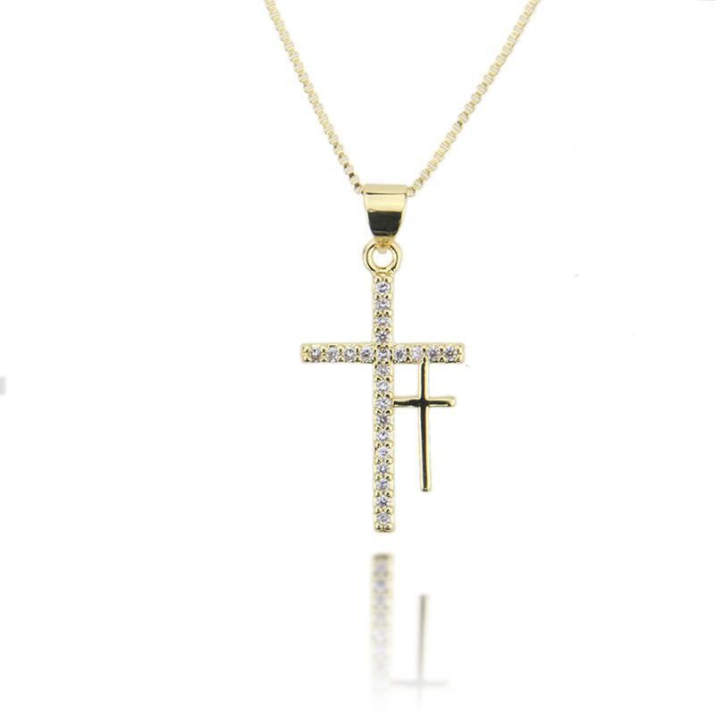 Double Cross Pendant Necklace with Copper Plated White Zircon