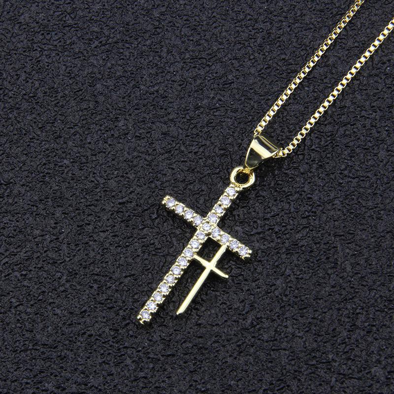 Double Cross Pendant Necklace with Copper Plated White Zircon
