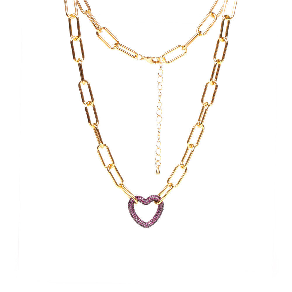 Colorful Heart-shaped Lock Pendant Thick Chain Necklace - Hip-hop Style