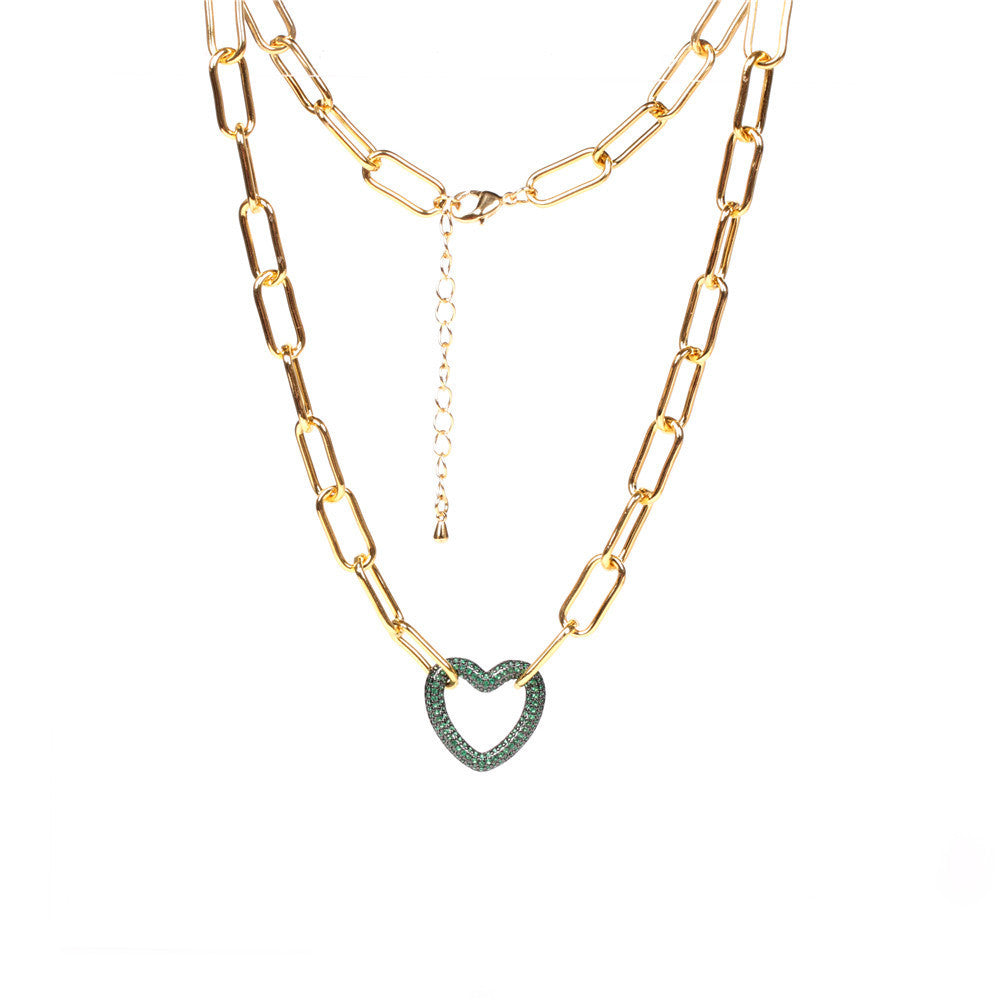 Colorful Heart-shaped Lock Pendant Thick Chain Necklace - Hip-hop Style