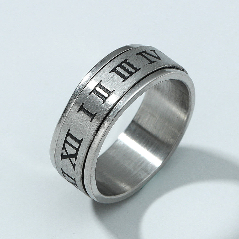 Roman Numeral Rotating Titanium Steel Ring - 8mm Vintage Men's Band
