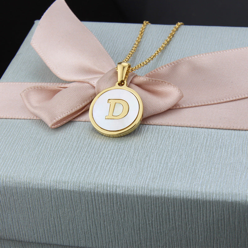 Fashion Stainless Steel Round Shell 26 Letter Pendant Necklace in Gold