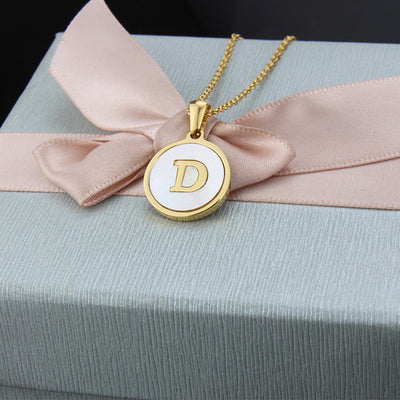 Fashion Stainless Steel Round Shell 26 Letter Pendant Necklace in Gold