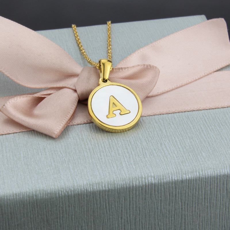 Fashion Stainless Steel Round Shell 26 Letter Pendant Necklace in Gold