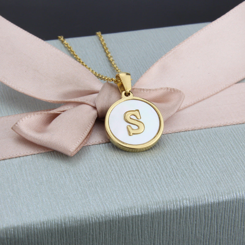 Fashion Stainless Steel Round Shell 26 Letter Pendant Necklace in Gold