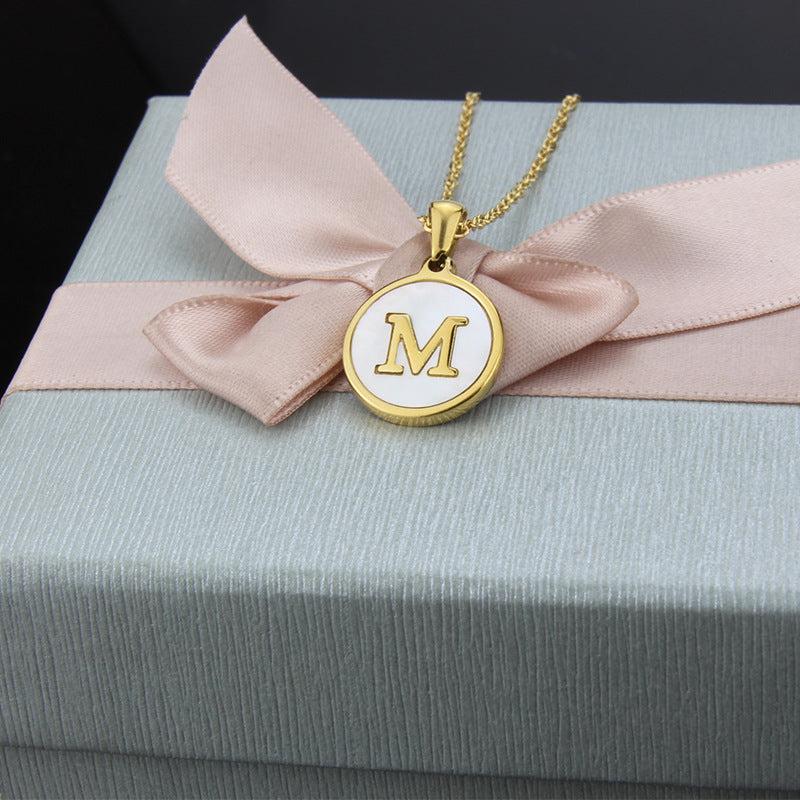Fashion Stainless Steel Round Shell 26 Letter Pendant Necklace in Gold