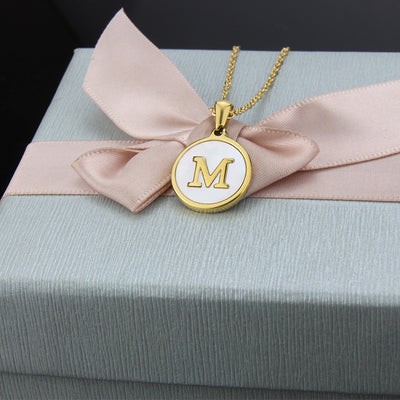 Fashion Stainless Steel Round Shell 26 Letter Pendant Necklace in Gold