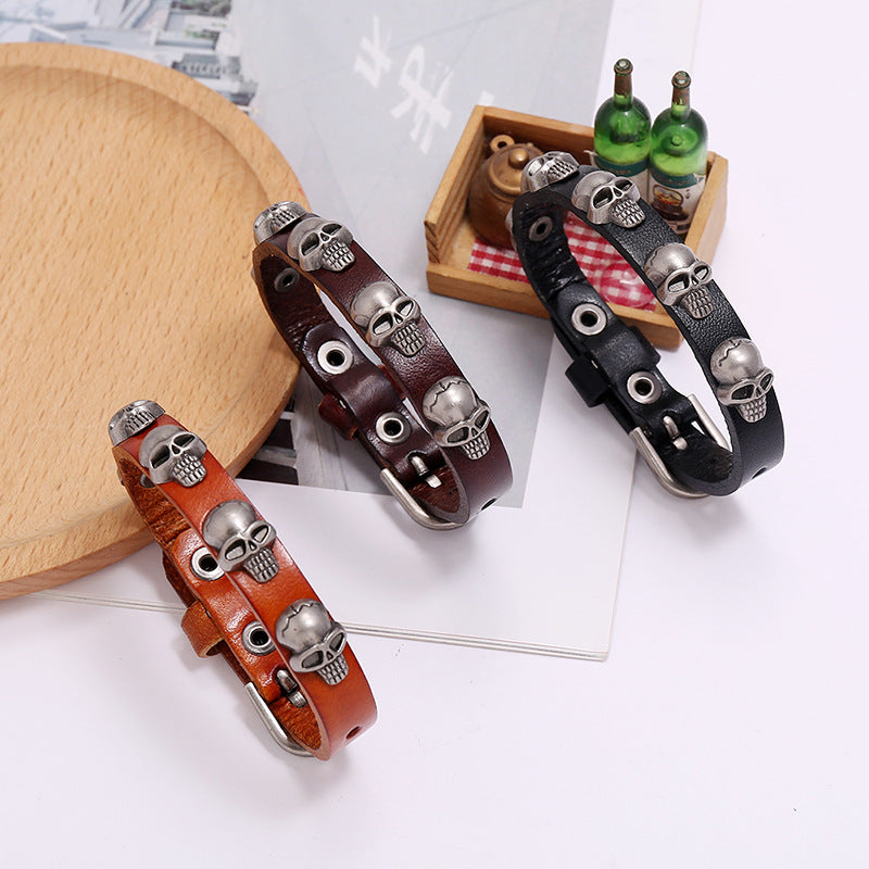 Punk Style Skull Leather Bracelet for Men and Women