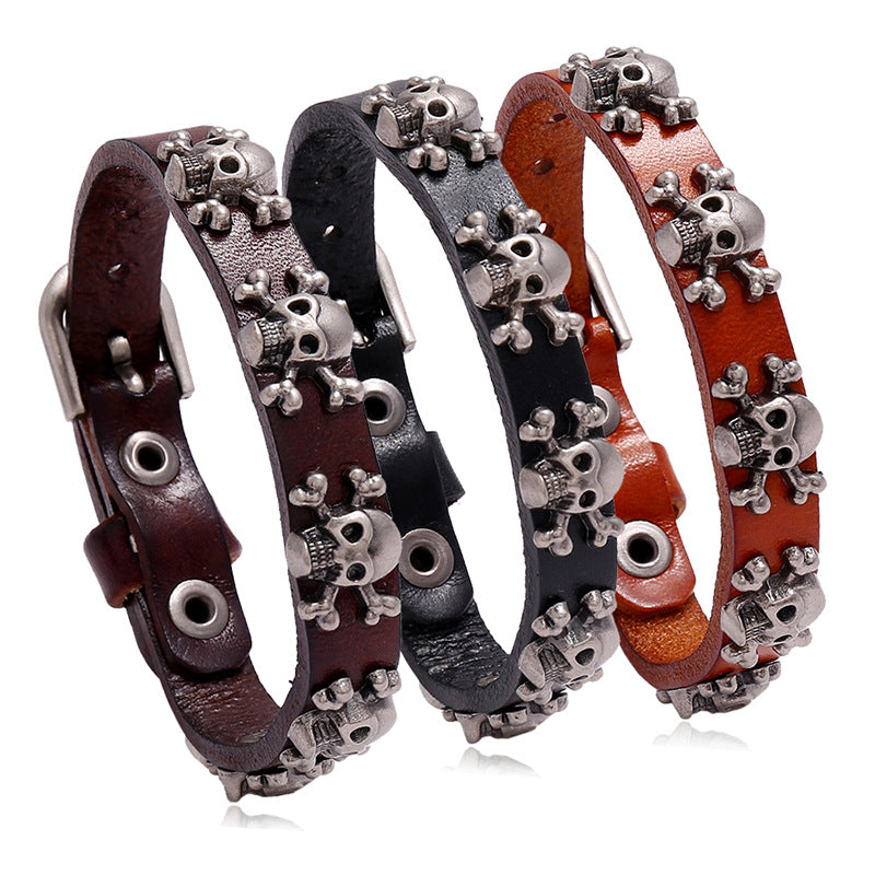 Skull Punk Adjustable Men's Cowhide Bracelet & Textured Gold Plated Rainbow Zircon Ring Set