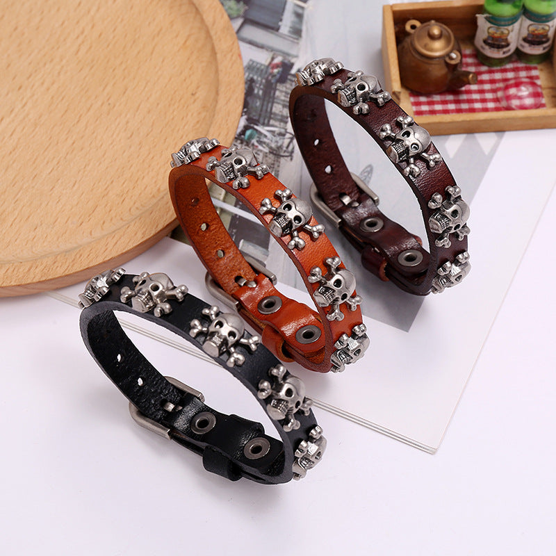 Skull Punk Adjustable Men's Cowhide Bracelet & Textured Gold Plated Rainbow Zircon Ring Set