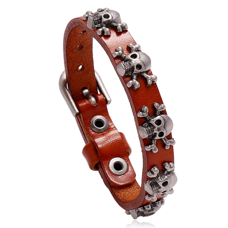 Skull Punk Adjustable Men's Cowhide Bracelet & Textured Gold Plated Rainbow Zircon Ring Set