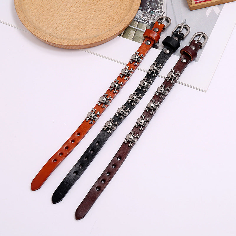 Skull Punk Adjustable Men's Cowhide Bracelet & Textured Gold Plated Rainbow Zircon Ring Set