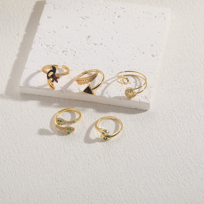 IG Style Casual Arrow Snake Bird Zircon Enamel 14K Gold Plated Open Ring
