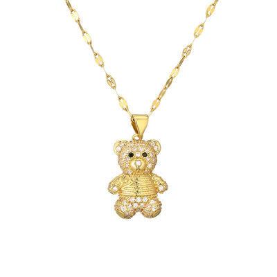 IG Style Cute Bear Zircon Inlay Gold Plated Pendant Necklace