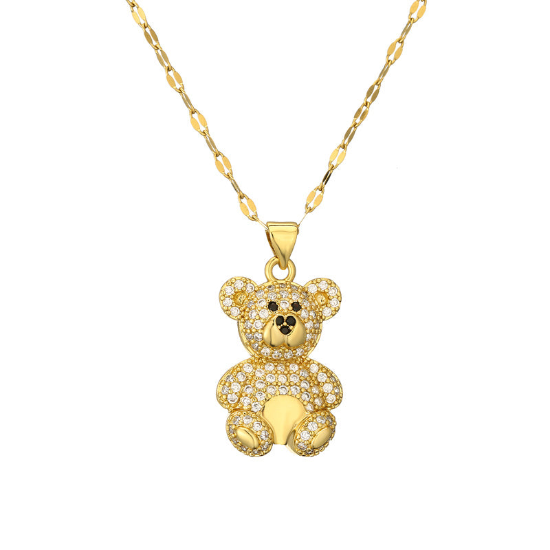 IG Style Cute Bear Zircon Inlay Gold Plated Pendant Necklace
