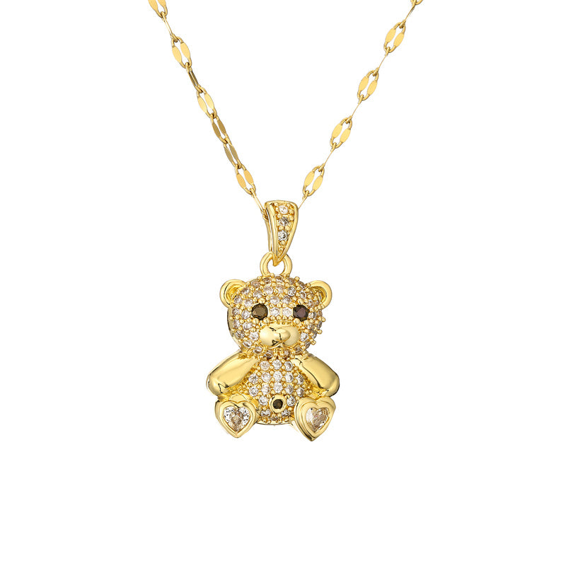 IG Style Cute Bear Zircon Inlay Gold Plated Pendant Necklace