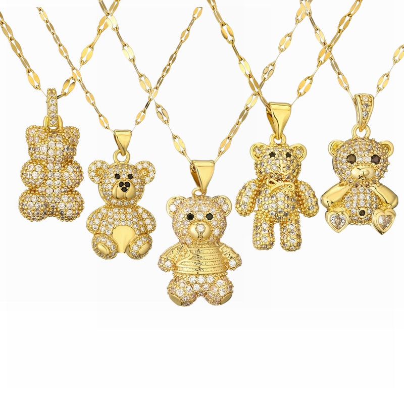 IG Style Cute Bear Zircon Inlay Gold Plated Pendant Necklace