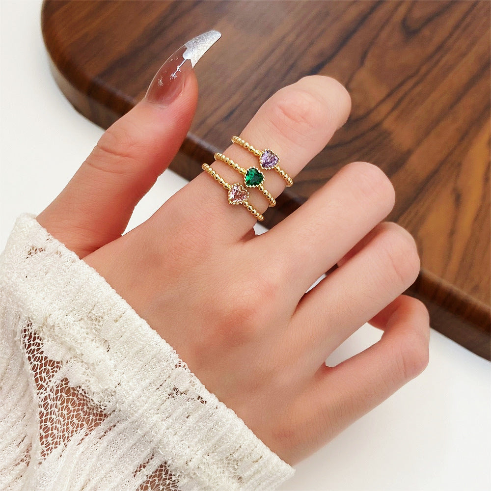 IG Style Colorful Zircon Heart Adjustable Copper Rings