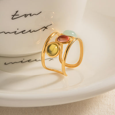 IG Style Retro Colorful 18K Gold Plated Adjustable Ring with Inlaid Glass and Natural Stones