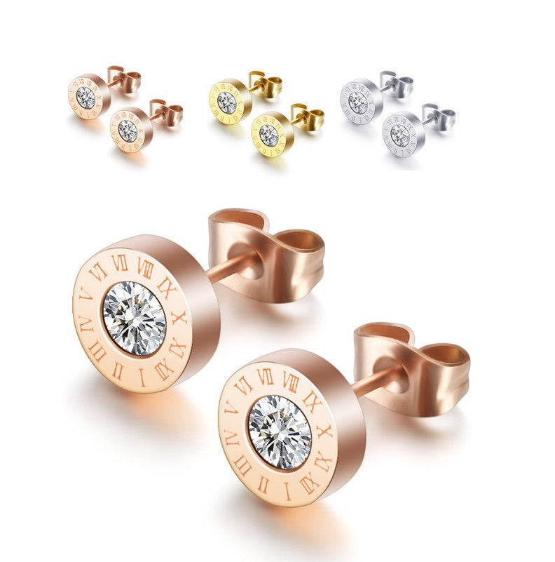 IG Style Roman Numerals Stainless Steel Rhinestone Couple Ear Studs