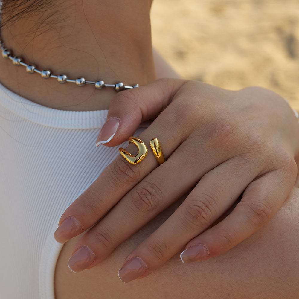 IG Style Irregular Solid Color 18K Gold Plated Stainless Steel Open Ring