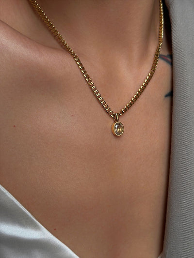 IG Style Geometric Oval Sapphire and White Zircon 18K Gold Plated Pendant Necklace