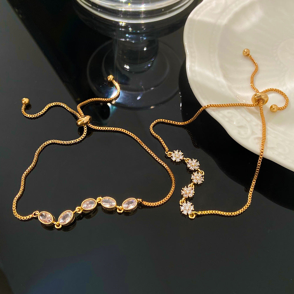 IG Style Sweet Oval Flower & Butterfly Zircon 14K Gold Plated Adjustable Bracelet