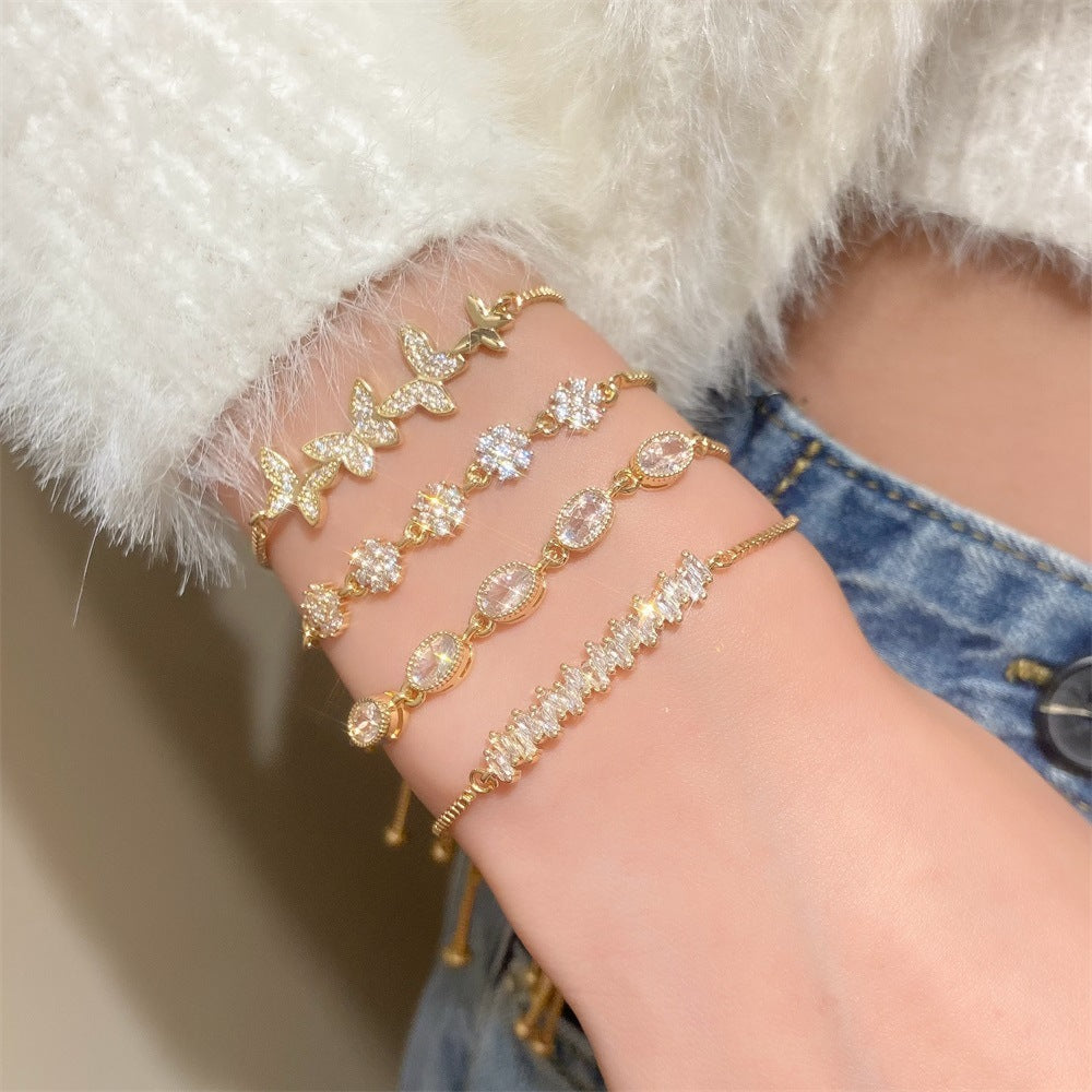 IG Style Sweet Oval Flower & Butterfly Zircon 14K Gold Plated Adjustable Bracelet