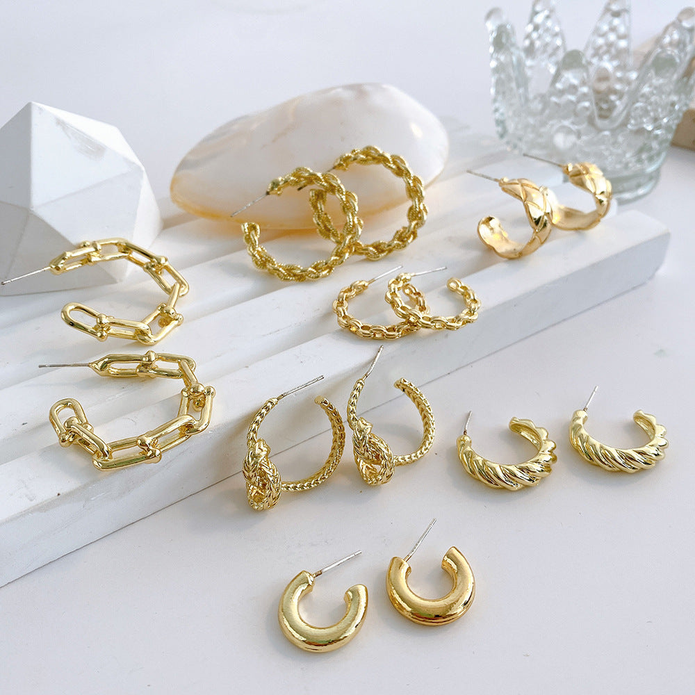 INS Style C Shape Metal Plated Twisted Chain Hoop Earrings for Women
