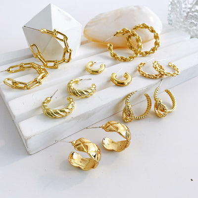INS Style C Shape Metal Plated Twisted Chain Hoop Earrings for Women