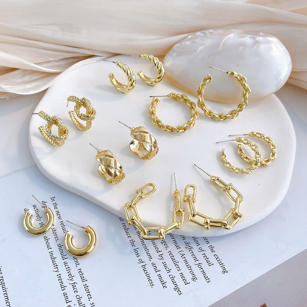 INS Style C Shape Metal Plated Twisted Chain Hoop Earrings for Women