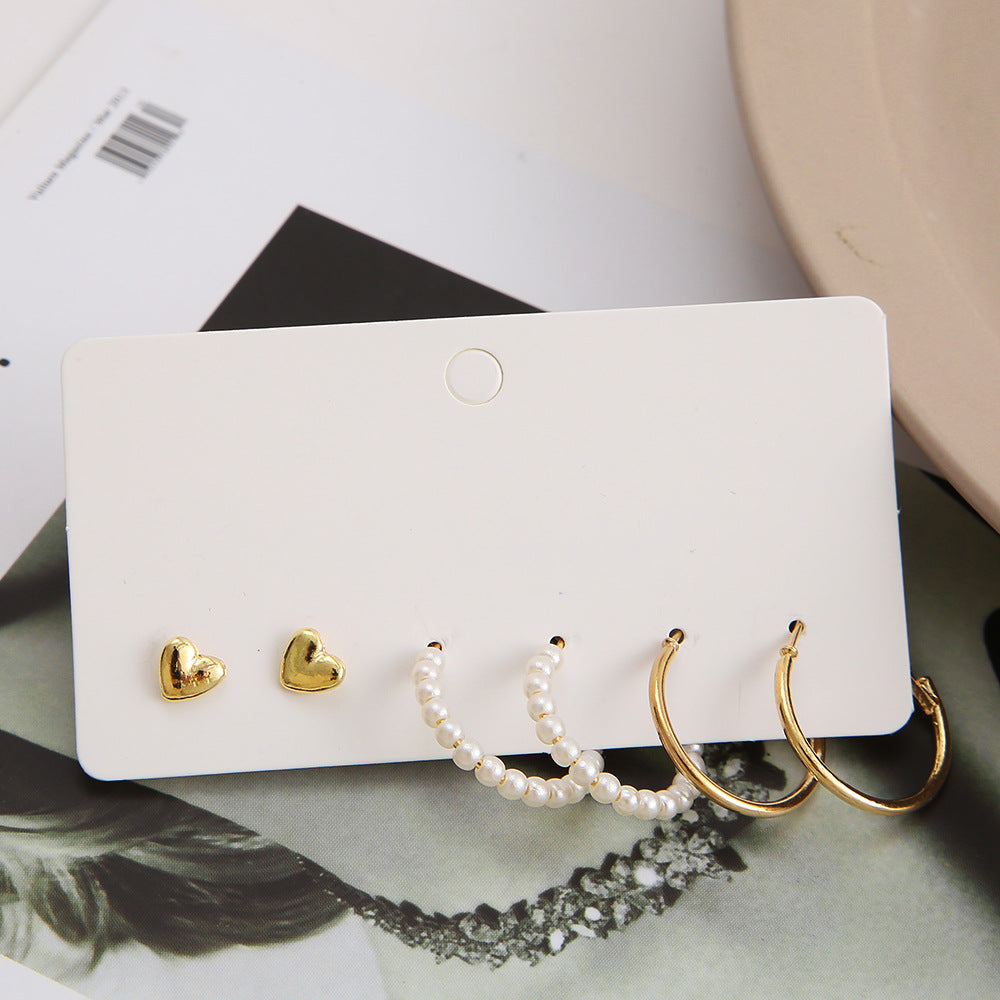 INS Style Retro Unisex Alloy Earrings Set - Heart Studs, Creative Vintage Number Hoops, Pearl C-Shaped Hoops