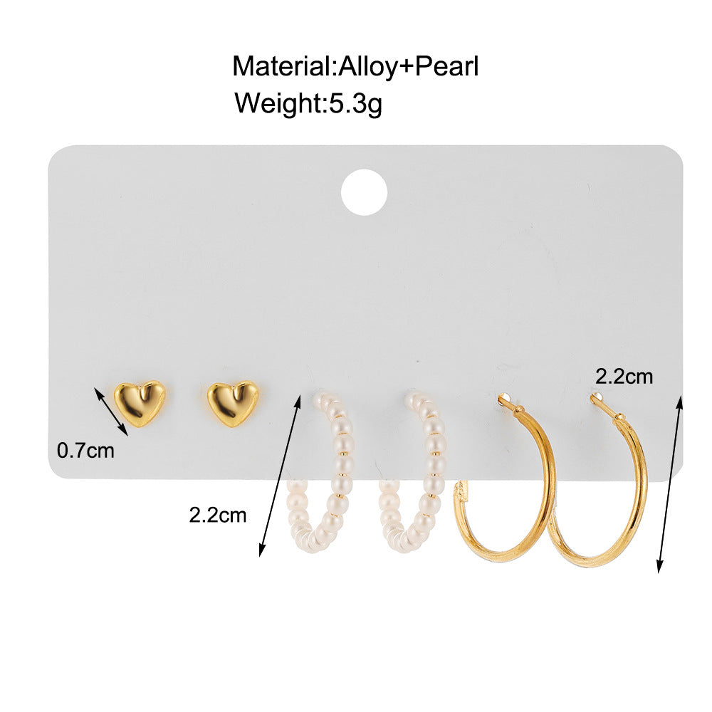 INS Style Retro Unisex Alloy Earrings Set - Heart Studs, Creative Vintage Number Hoops, Pearl C-Shaped Hoops