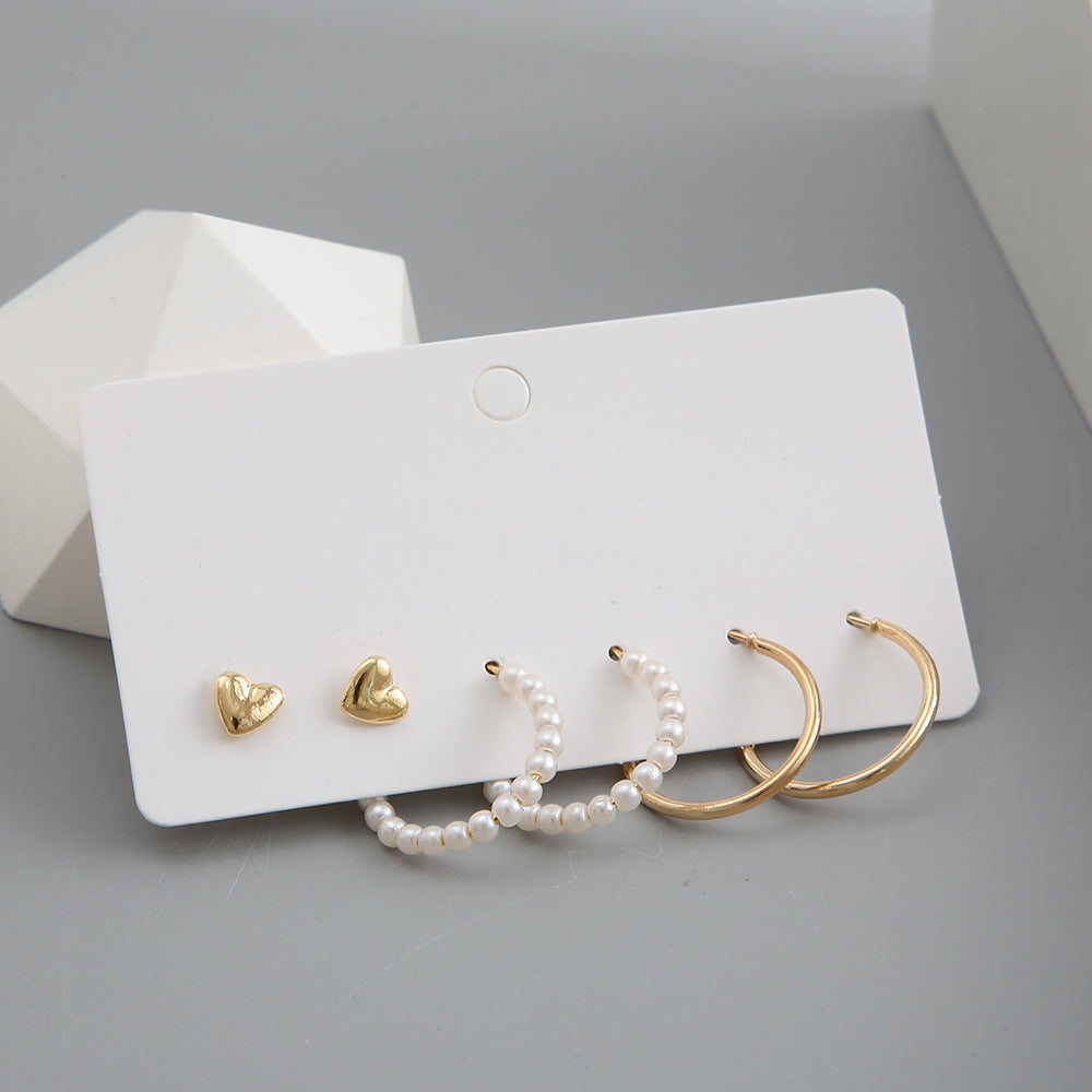 INS Style Retro Unisex Alloy Earrings Set - Heart Studs, Creative Vintage Number Hoops, Pearl C-Shaped Hoops