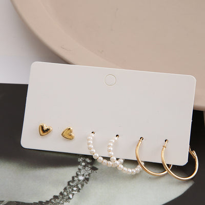 INS Style Retro Unisex Alloy Earrings Set - Heart Studs, Creative Vintage Number Hoops, Pearl C-Shaped Hoops