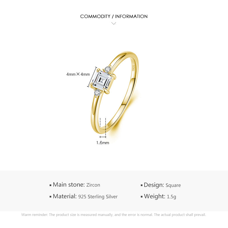 INS Style Classic Square Sterling Silver Zircon Inlay 14K Gold Plated Ring