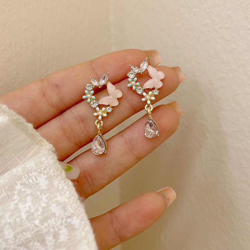 INS Style Heart Shape Flower Butterfly Enamel Rhinestone Pearl Drop Earrings for Women