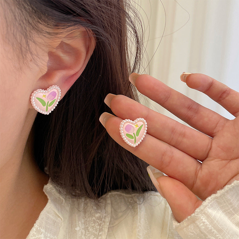 INS Style Heart Shape Flower Butterfly Enamel Rhinestone Pearl Drop Earrings for Women