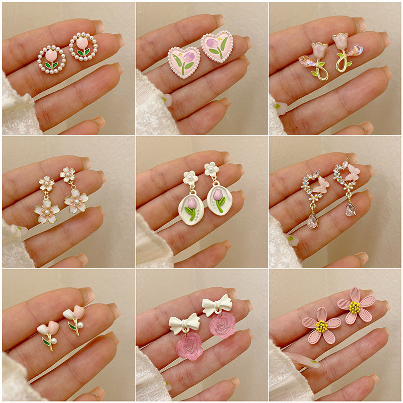 INS Style Heart Shape Flower Butterfly Enamel Rhinestone Pearl Drop Earrings for Women