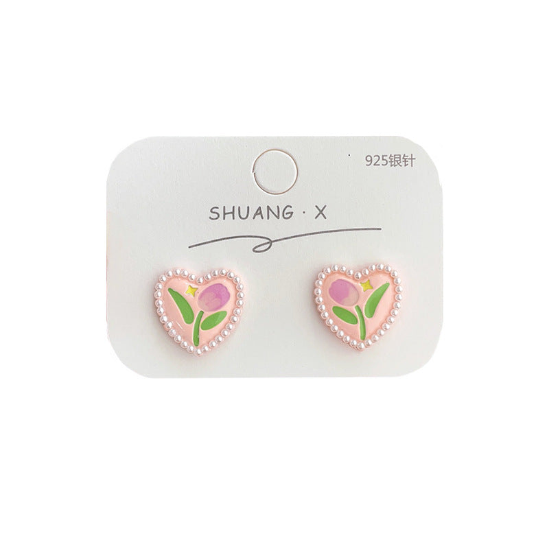 INS Style Heart Shape Flower Butterfly Enamel Rhinestone Pearl Drop Earrings for Women