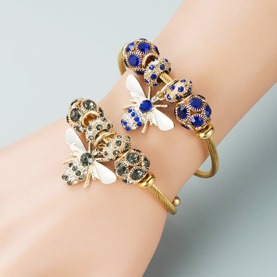 Gold Adjustable Bee Bracelet with Diamond Ball