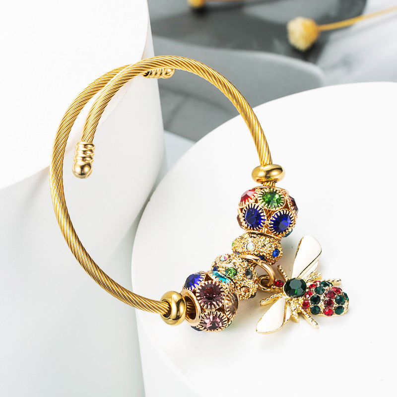 Gold Adjustable Bee Bracelet with Diamond Ball