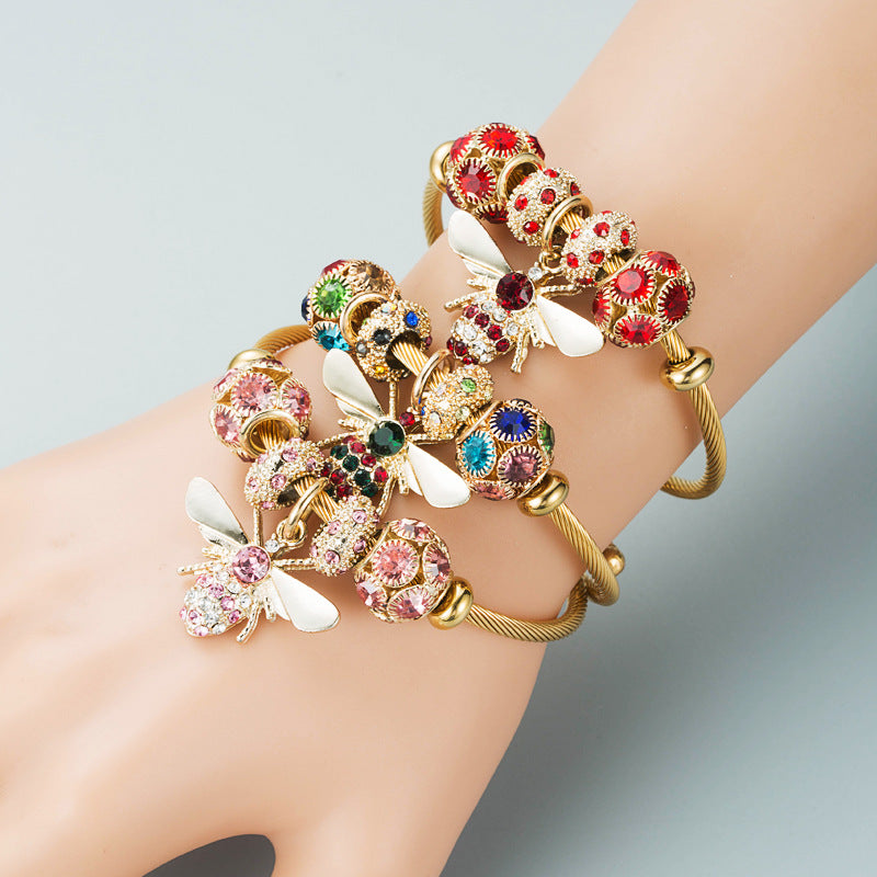 Gold Adjustable Bee Bracelet with Diamond Ball