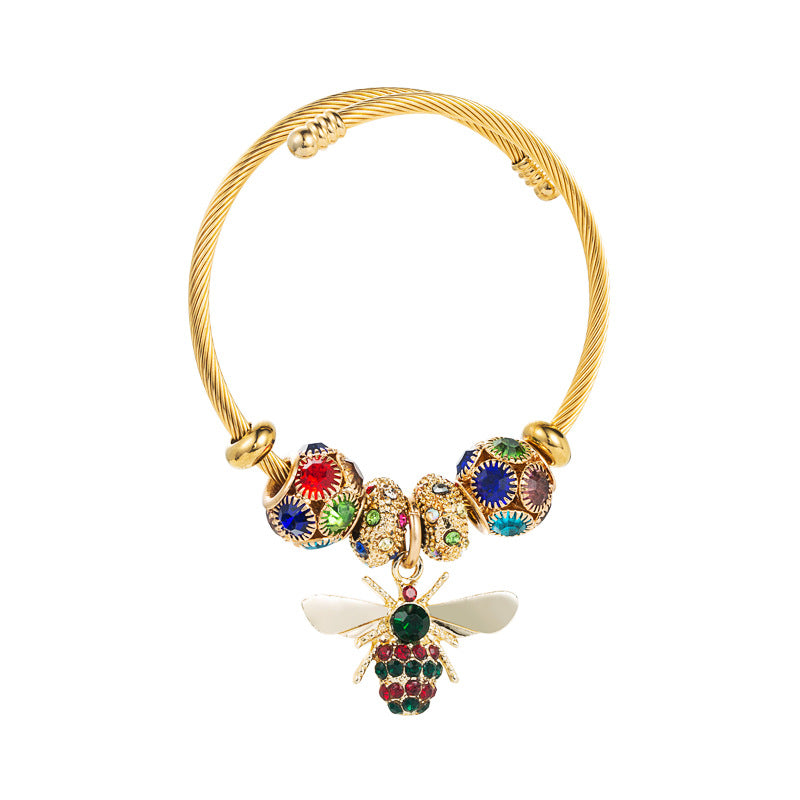 Gold Adjustable Bee Bracelet with Diamond Ball