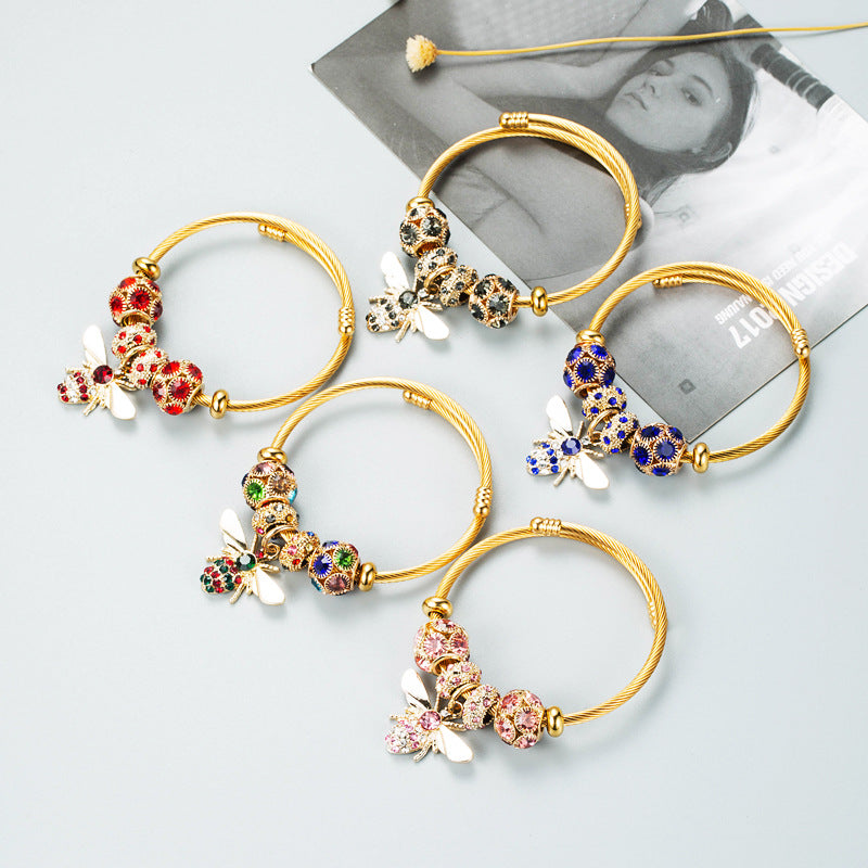 Gold Adjustable Bee Bracelet with Diamond Ball