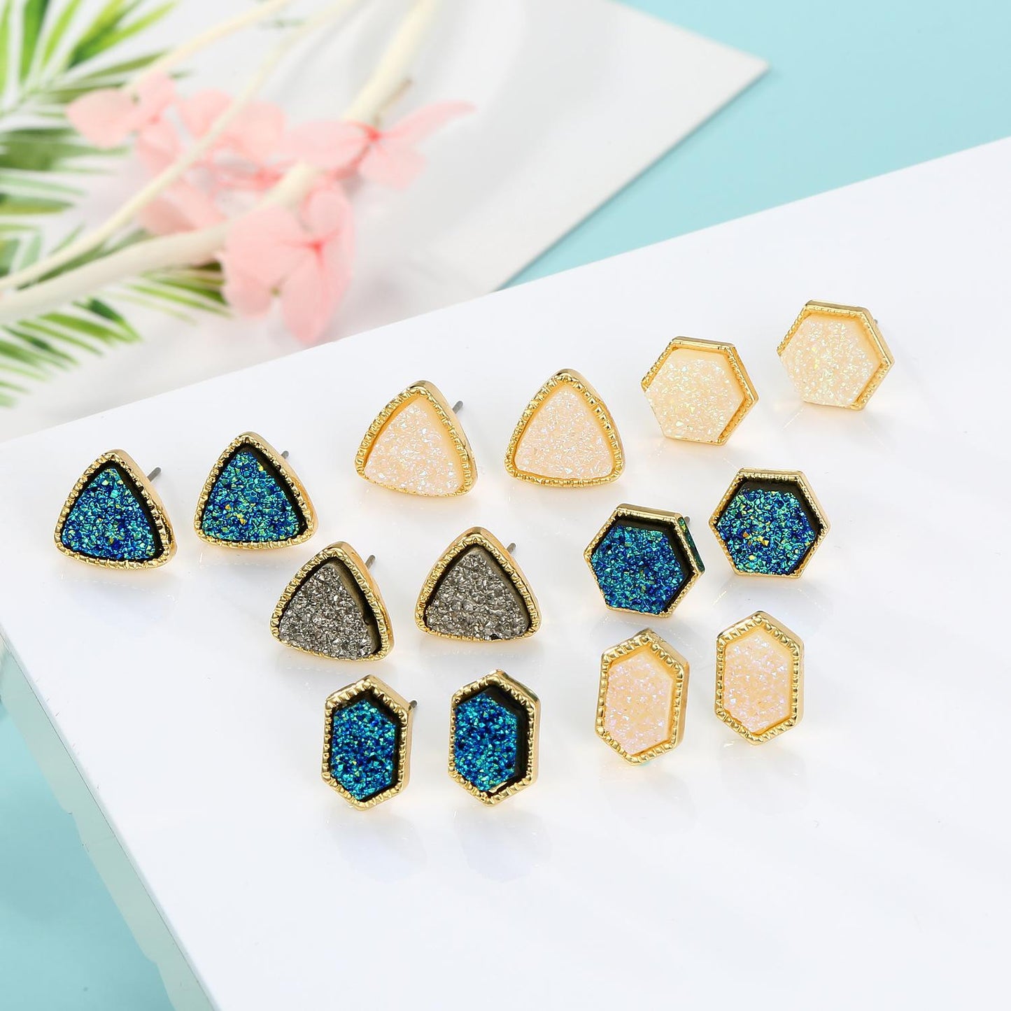 Hexagon Resin Stone Earrings & Triangle Bud Studs