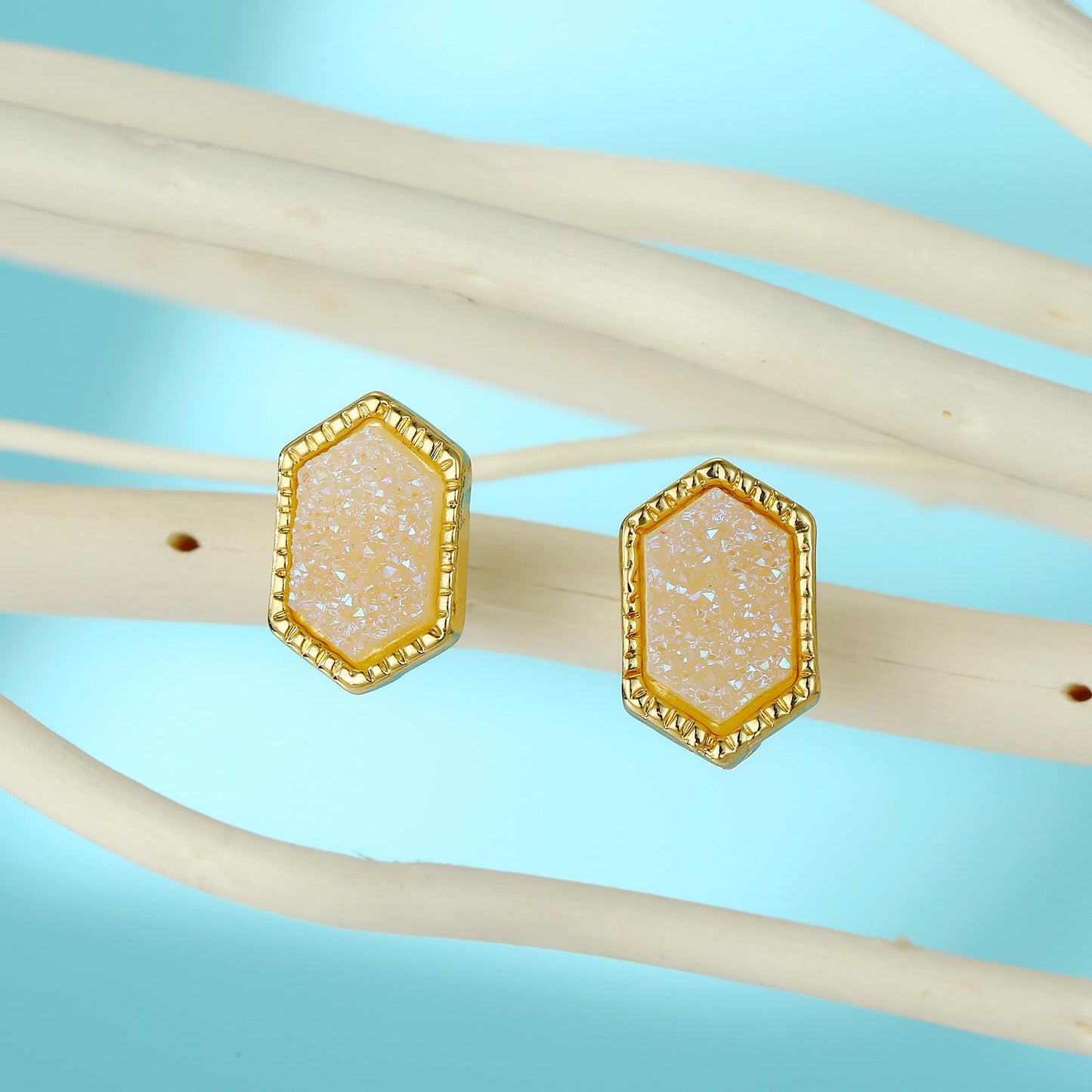 Hexagon Resin Stone Earrings & Triangle Bud Studs