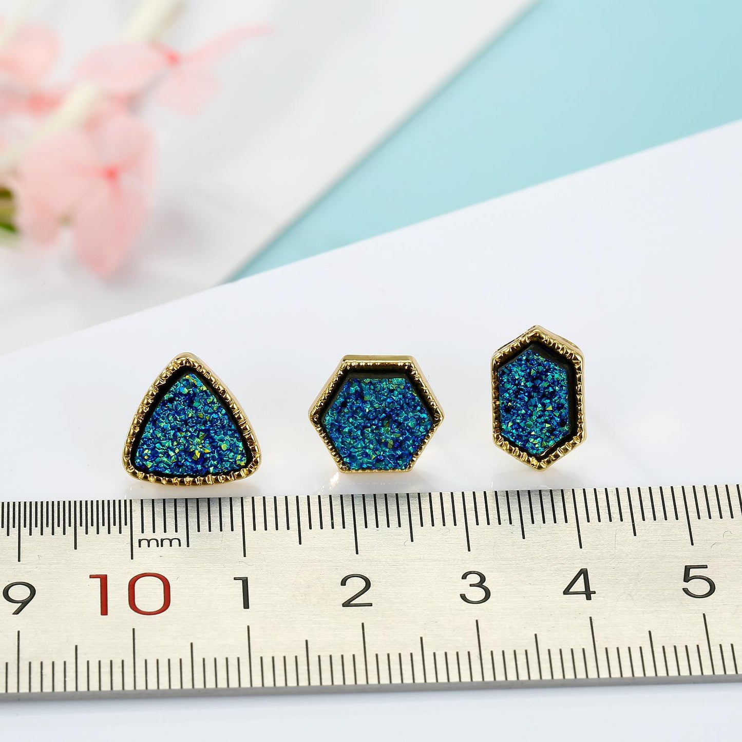Hexagon Resin Stone Earrings & Triangle Bud Studs