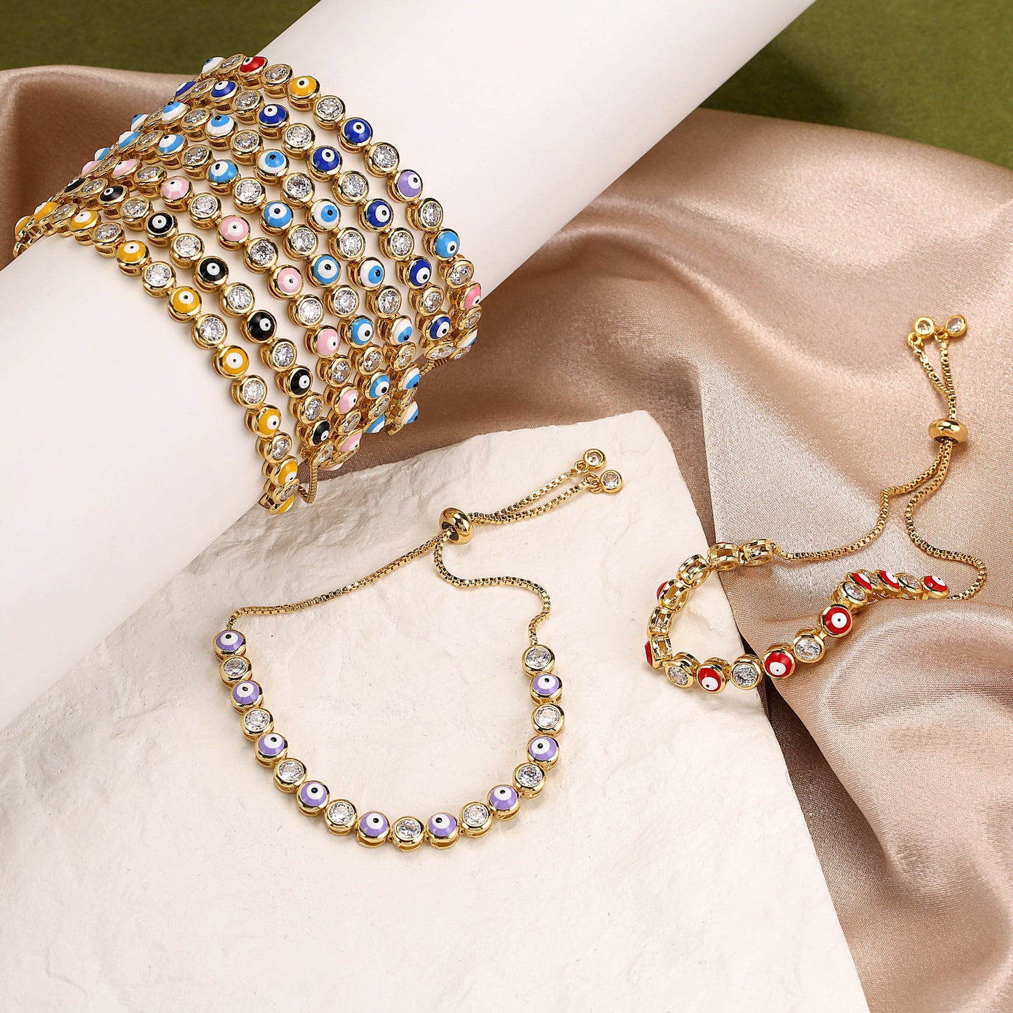 Adjustable Micro-inlaid Zircon Evil Eye Bracelet with Colorful Oil Drip Design